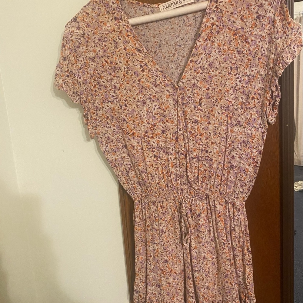 Pink and Purple Floral Romper with V-Neckline and Flutter Sleeves